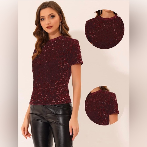 Allegra K Velvet Sequin Short Sleeve Top, XS - Picture 2 of 7